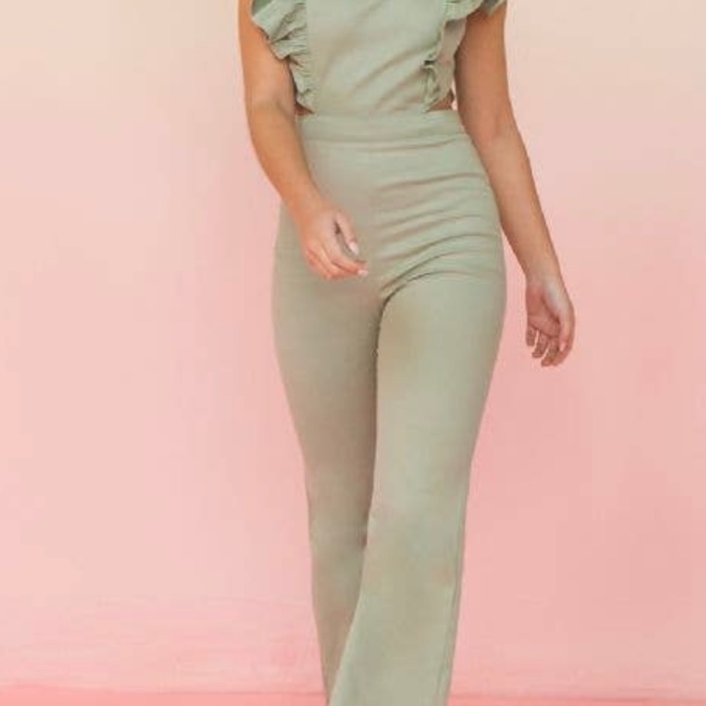 Sage denim flare jumpsuit. Size medium